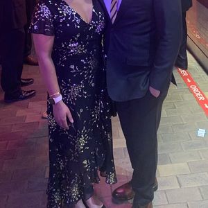 Black and gold foil wrap dress